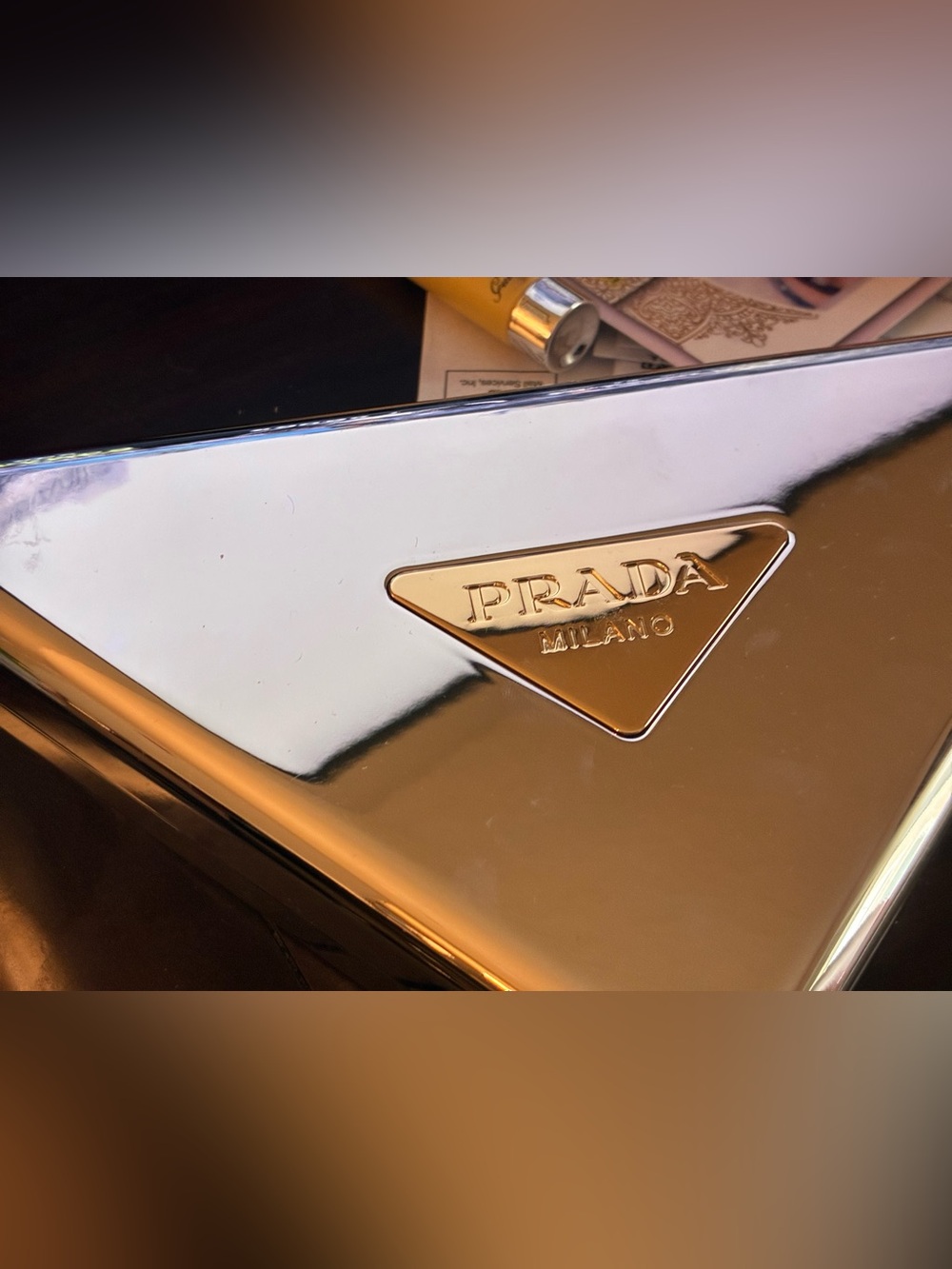 Prada Metallic SilverCosmetic Clutch with gold ve with Triangle Logo 7*7*10inche